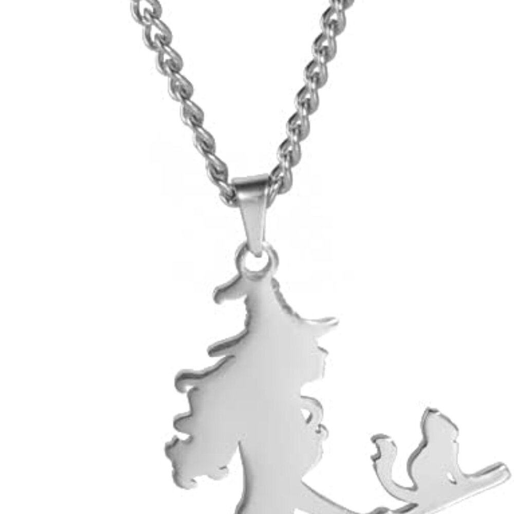 Magic Little Witch Broom Cat Pendant Necklace - Stainless Steel Moon & Magic Wit